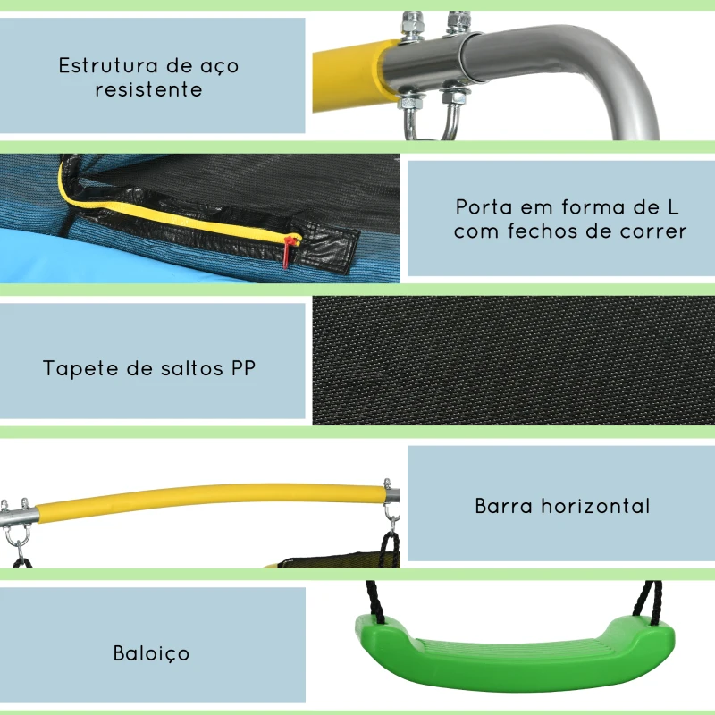 ZONEKIZ Trampolim para Crianças 3 em 1 com Superfície de Salto 160x92 cm Rede de Segurança Barra Horizontal e Baloiço Azul