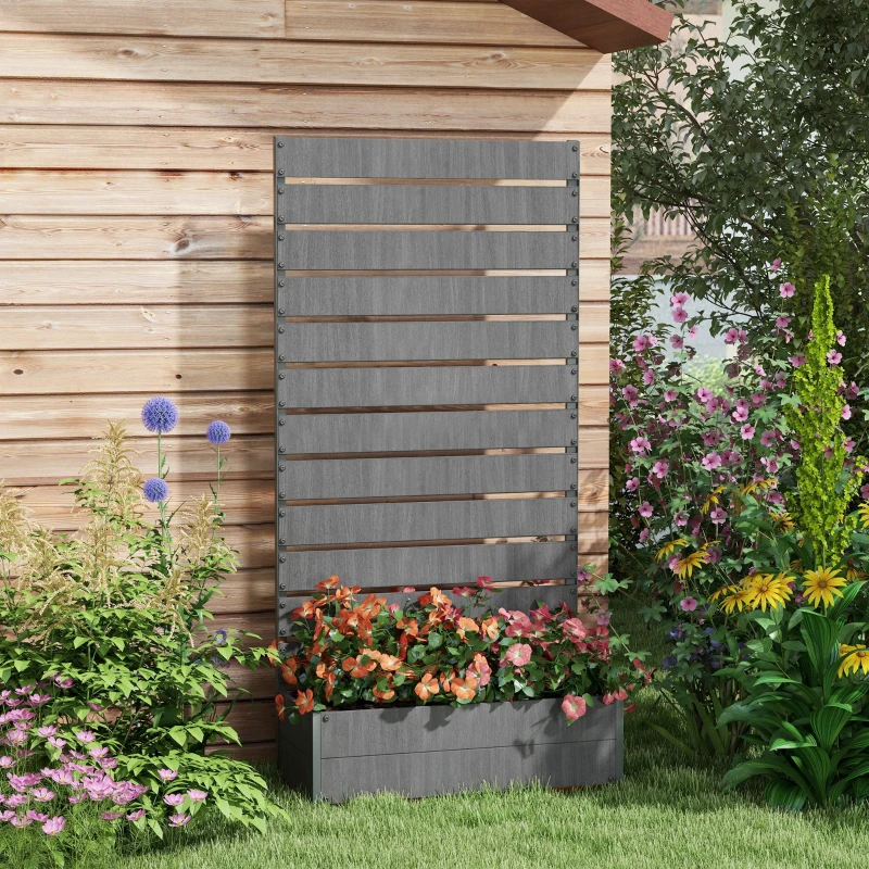 Outsunny Raised Bed for Garden, Planter with Trellis for Climbing Plants, Vines, Planter Box with Drainage Gap, Dark Grey