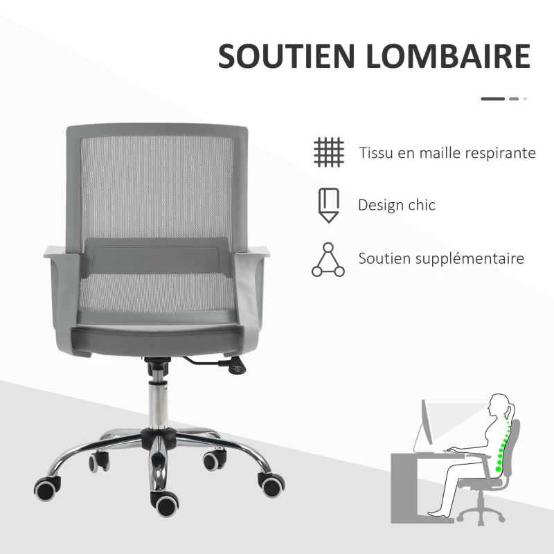 Vinsetto Lot de 2 fauteuils chaise de bureau ergonomique hauteur réglable pivotante 360° revêtement maille gris