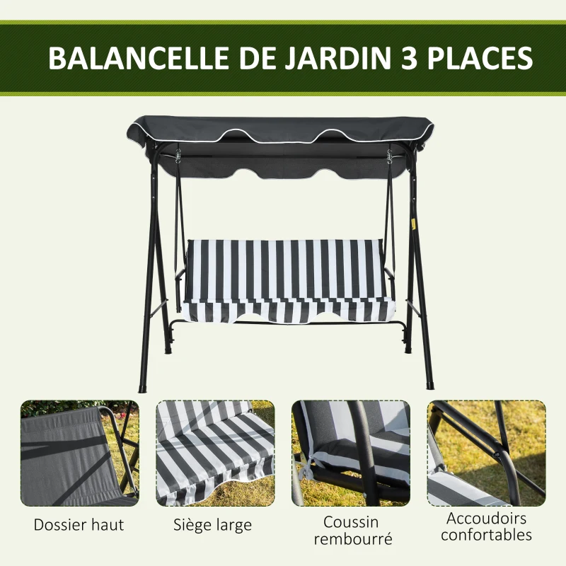 Outsunny Balancelle de Jardin 3 Places Toit Inclinaison réglable Coussins Assise et Dossier Acier Noir Polyester Gris