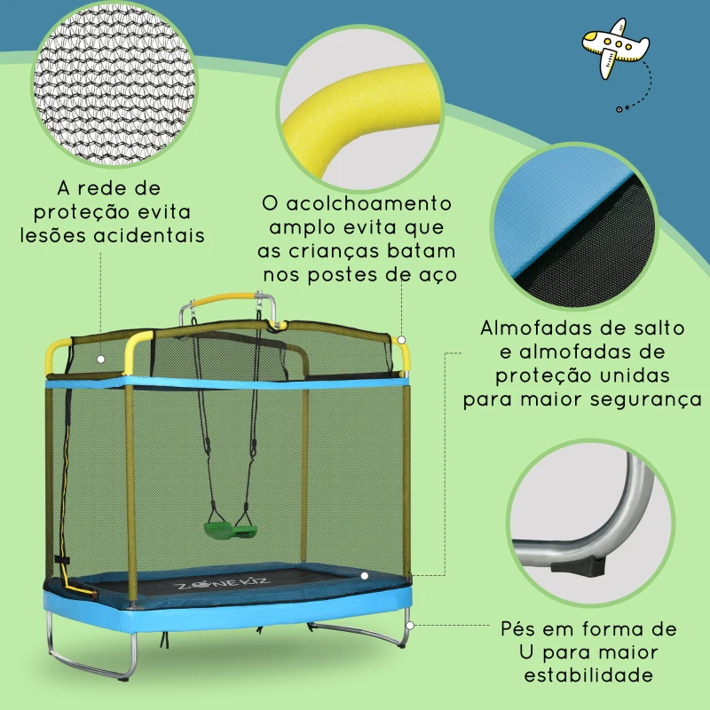 ZONEKIZ Trampolim para Crianças 3 em 1 com Superfície de Salto 160x92 cm Rede de Segurança Barra Horizontal e Baloiço Azul
