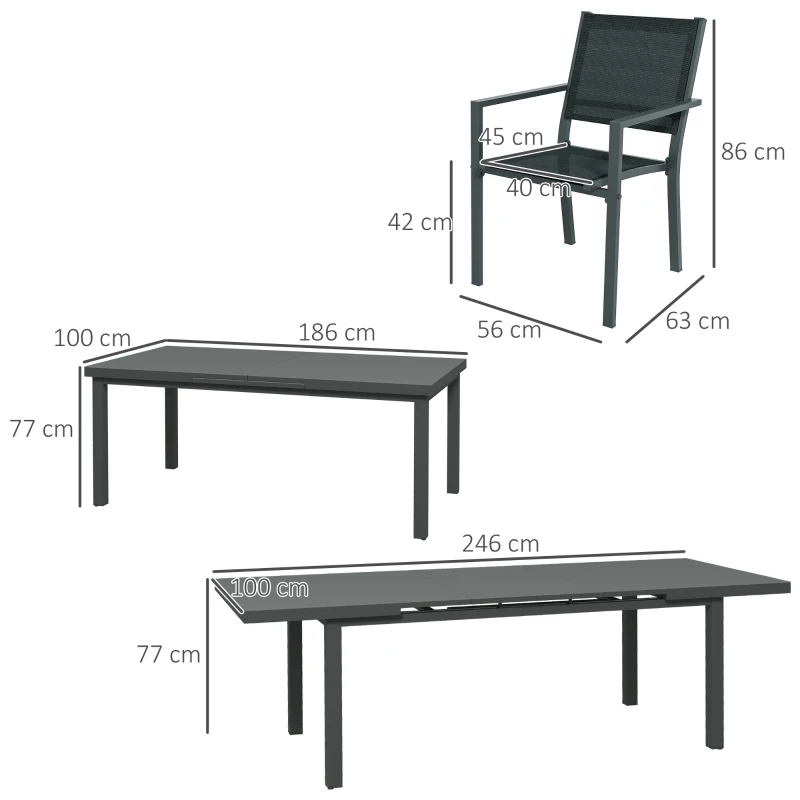 Outsunny Set da Giardino 7 Pezzi in Alluminio con 6 Sedie Pieghevoli e Tavolo Allungabile, Grigio e Nero