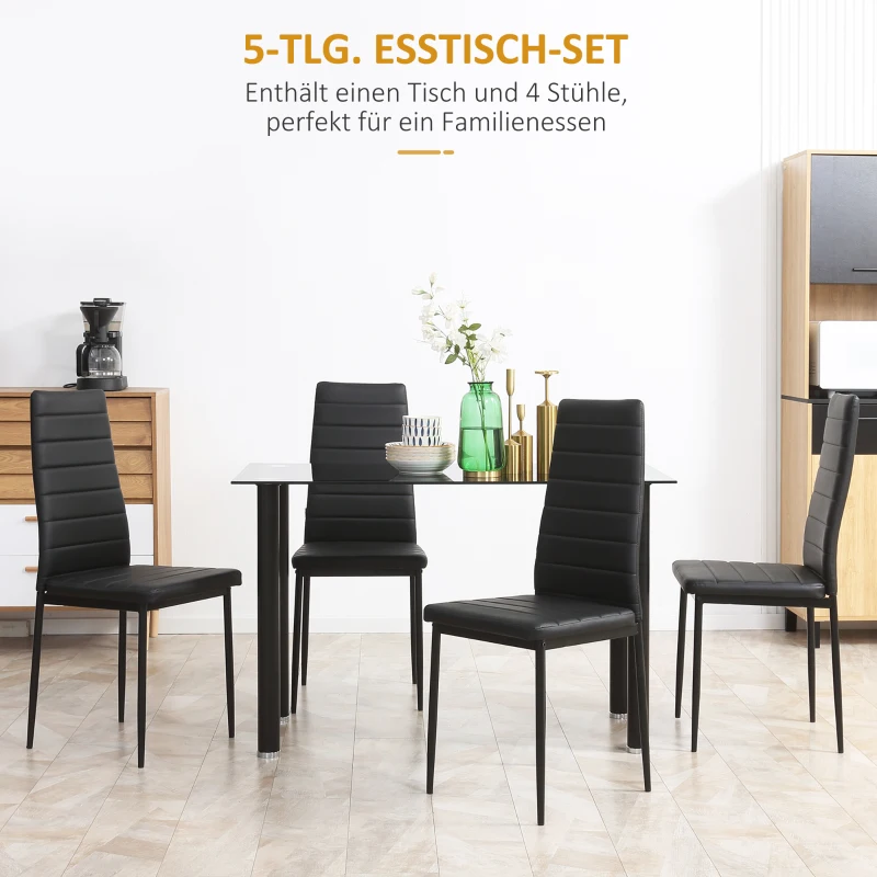 HOMCOM 5-delige Eetkamerset Tafel en 4 Stoelen, Modern Design, Glazen Tafel, Zwart