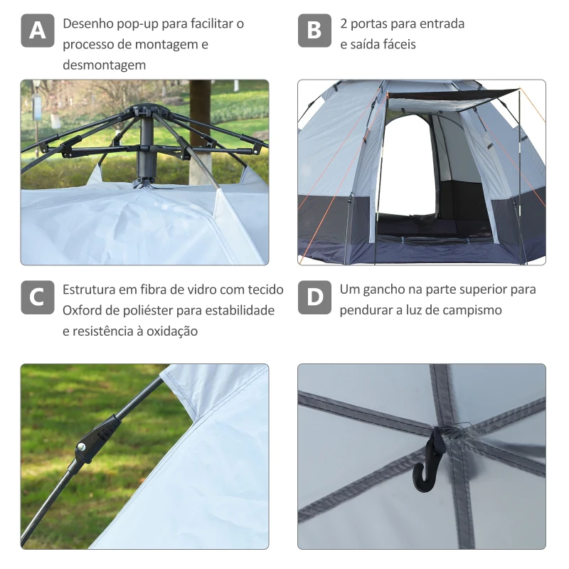 Outsunny Tenda de Campismo para 2 Pessoas Tenda de Campismo Dobrável com 2 Portas Impermeável Anti-UV 260x260x150 cm Preto Cinza