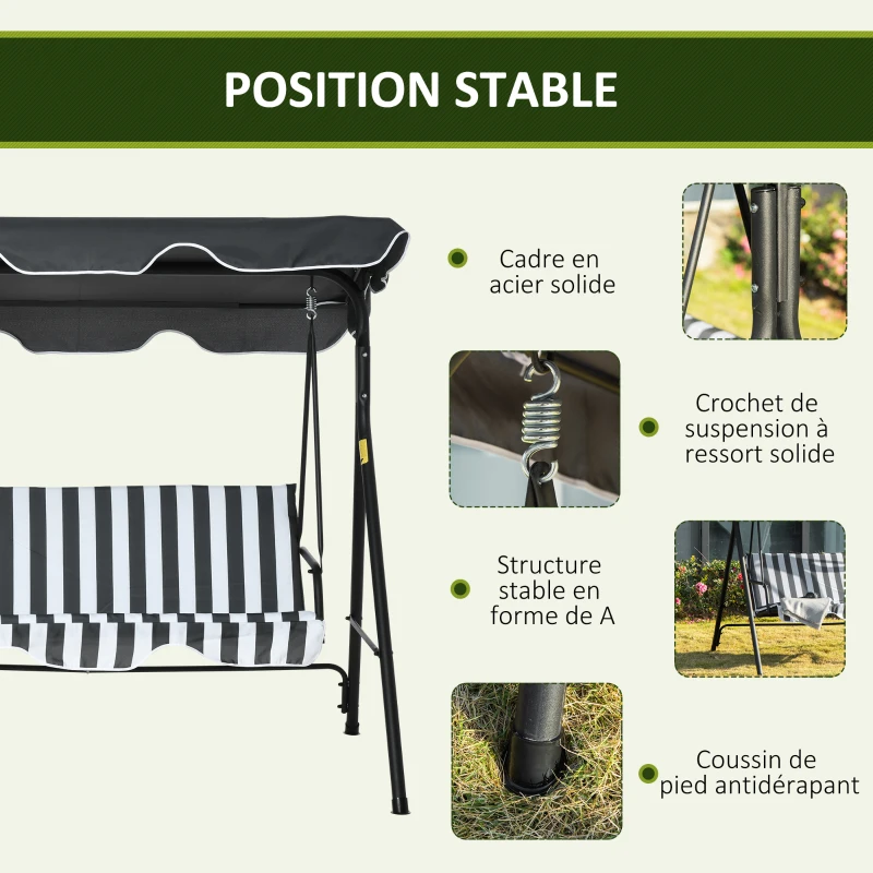 Outsunny Balancelle de Jardin 3 Places Toit Inclinaison réglable Coussins Assise et Dossier Acier Noir Polyester Gris