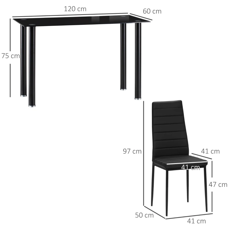 HOMCOM 5-delige Eetkamerset Tafel en 4 Stoelen, Modern Design, Glazen Tafel, Zwart