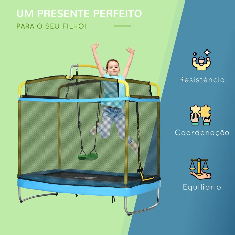 ZONEKIZ Trampolim para Crianças 3 em 1 com Superfície de Salto 160x92 cm Rede de Segurança Barra Horizontal e Baloiço Azul