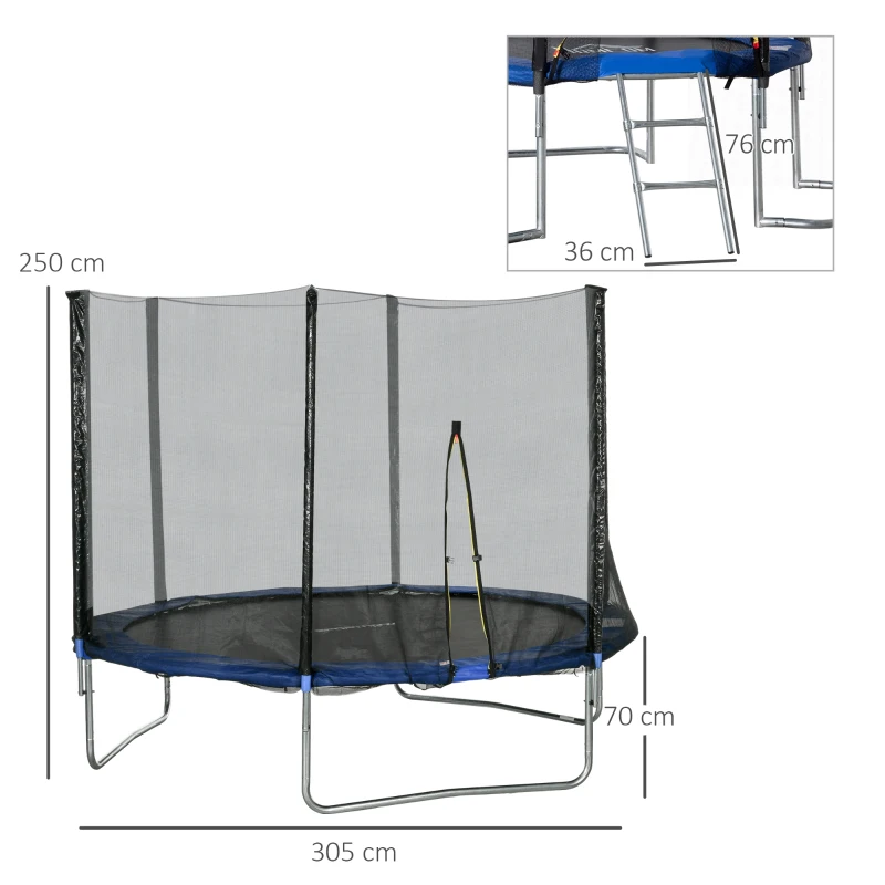 SPORTNOW Trampolim de Exterior Ø305x250 cm Trampolim para Crianças e Adultos com Rede de Segurança e Escada Azul
