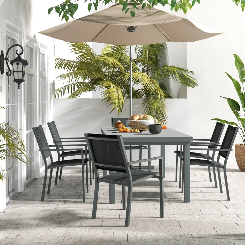 Outsunny Set da Giardino 7 Pezzi in Alluminio con 6 Sedie Pieghevoli e Tavolo Allungabile, Grigio e Nero