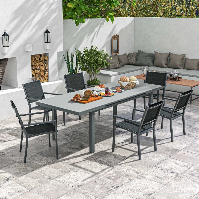 Outsunny Set da Giardino 7 Pezzi in Alluminio con 6 Sedie Pieghevoli e Tavolo Allungabile, Grigio e Nero