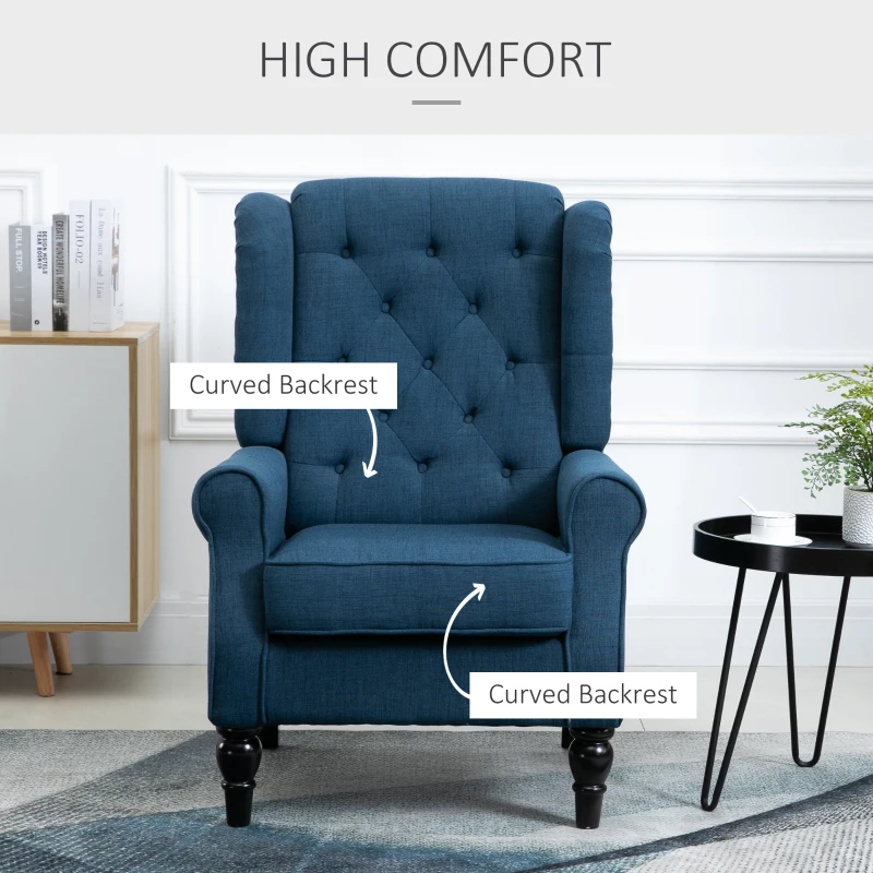 HOMCOM Scaun Decorativ Capitonat cu Spatar Inalt, Cotiere Rotunjite Captusite și Sezut cu Captuseala Groasa, Albastru