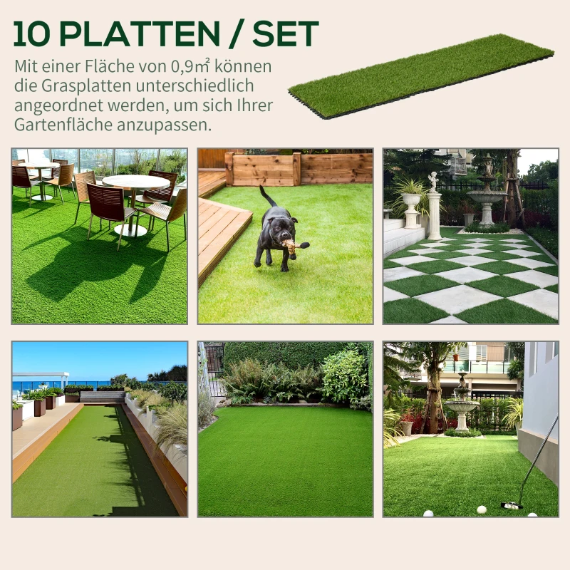 Outsunny Kunstgras, natuurgetrouw, met drainagefunctie, 6,5K vezels/m², 25mm hoogte, set van 10 stuks van 30x30cm, groen(m-7)