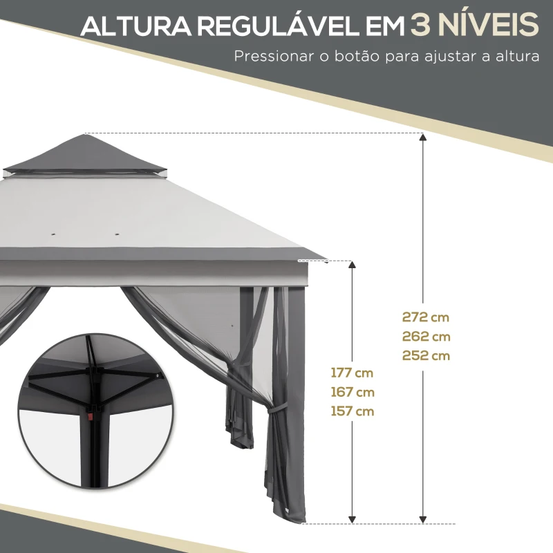 Outsunny Tenda Dobrável 3,26x3,26x2,72 m com Altura Ajustável 4 Painéis de Malha Proteção UV30+ e Bolsa de Transporte Cinza