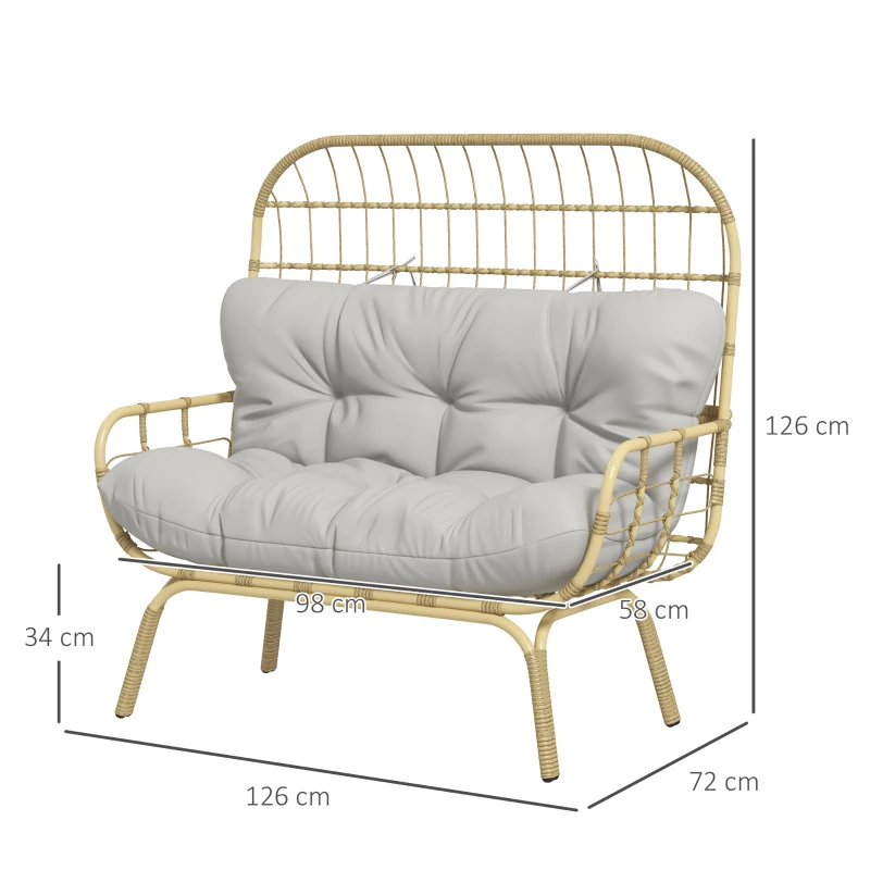 Outsunny Sofa ogrodowe 2-osobowe z podłokietnikami, z poduszką, sofa w stylu rattanowym, wytrzymała do 240 kg, do ogrodu, na balkon, jasnoszary