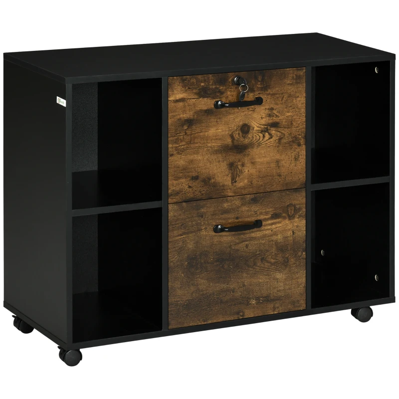 Vinsetto Armário para Impressora com Rodas e 2 Gavetas Fechadura e Prateleiras Abertas 90x3,5x68,5 cm Castanho Rústico e Preto