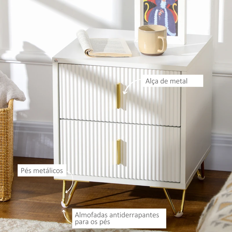 HOMCOM Mesa de Cabeceira com 2 Gavetas Mesa Auxiliar com Pés de Metal para Sala de Estar Dormitório 40x40x47 cm Branco e Dourado