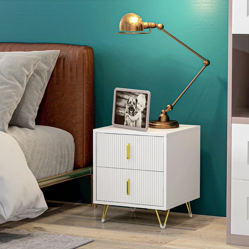 HOMCOM Mesa de Cabeceira com 2 Gavetas Mesa Auxiliar com Pés de Metal para Sala de Estar Dormitório 40x40x47 cm Branco e Dourado