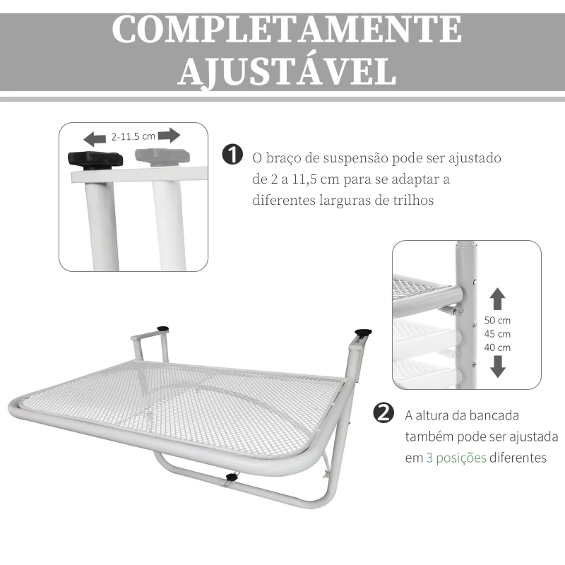 Outsunny Mesa Suspensa para Varanda com Braço e Altura Ajustável em 3 Posições Estrutura de Metal 60x56,5x45 cm Branco