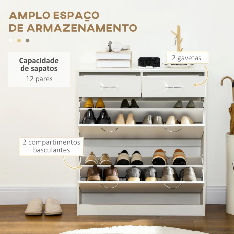 HOMCOM Sapateira Estreito com 2 Compartimentos e 2 Gavetas para 12 Pares de Sapatos 80x30x91,5 cm Branco