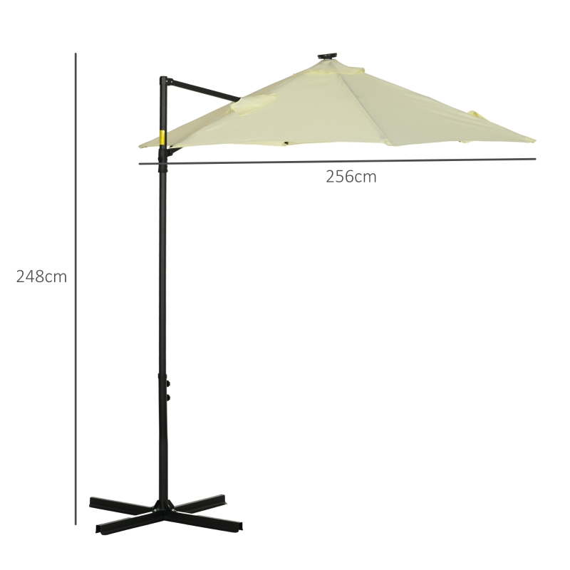 Outsunny Chapéu de Sol Excêntrico Ø256x248 cm com Luzes LED Solar Mastro Giratório 360° Chapéu de Sol de Exterior com Manivela Manual Bege