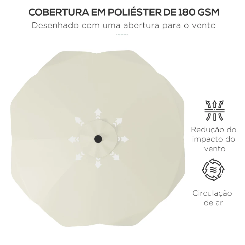 Outsunny Chapéu de Sol de Jardim Ø292x248 cm Chapéu de Sol com Manivela 32 Luzes LED Solares e 8 Hastes Creme