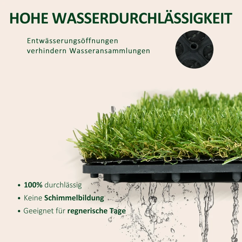 Outsunny Kunstgras, natuurgetrouw, met drainagefunctie, 6,5K vezels/m², 25mm hoogte, set van 10 stuks van 30x30cm, groen(m-5)
