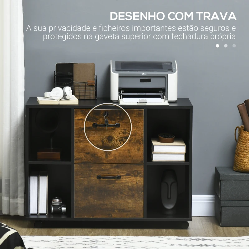 Vinsetto Armário para Impressora com Rodas e 2 Gavetas Fechadura e Prateleiras Abertas 90x3,5x68,5 cm Castanho Rústico e Preto