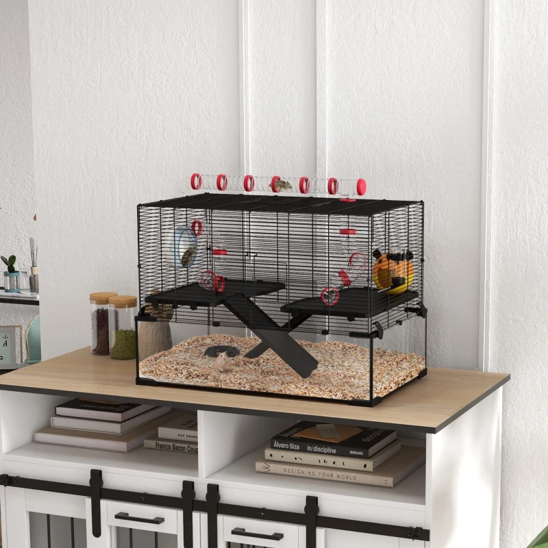PawHut Gerbil Cage, Dwarf Hamster Cage, with Deep Glass Bottom, Tunnels, Ramps, Hut, Exercise Wheel, 78.5 x 48.5 x 57cm