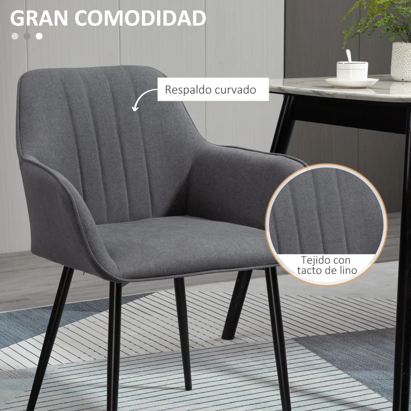 HOMCOM Pack de 2 Sillas de Cocina con Respaldo Reposabrazos y Patas de Metal para Salón 59,5x56,5x81 cm Gris Oscuro
