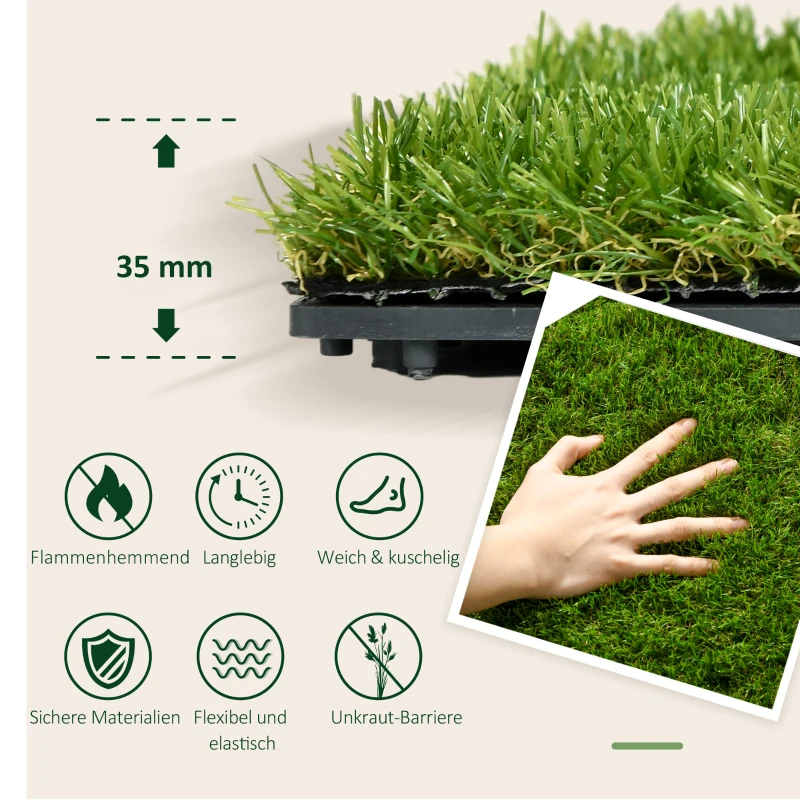 Outsunny Kunstgras, natuurgetrouw, met drainagefunctie, 6,5K vezels/m², 25mm hoogte, set van 10 stuks van 30x30cm, groen(m-4)