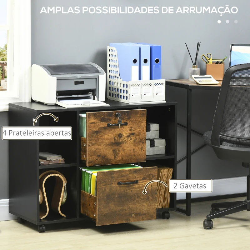 Vinsetto Armário para Impressora com Rodas e 2 Gavetas Fechadura e Prateleiras Abertas 90x3,5x68,5 cm Castanho Rústico e Preto