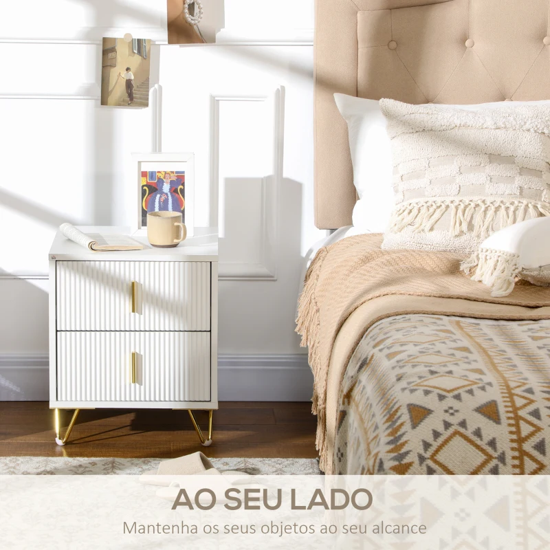 HOMCOM Mesa de Cabeceira com 2 Gavetas Mesa Auxiliar com Pés de Metal para Sala de Estar Dormitório 40x40x47 cm Branco e Dourado