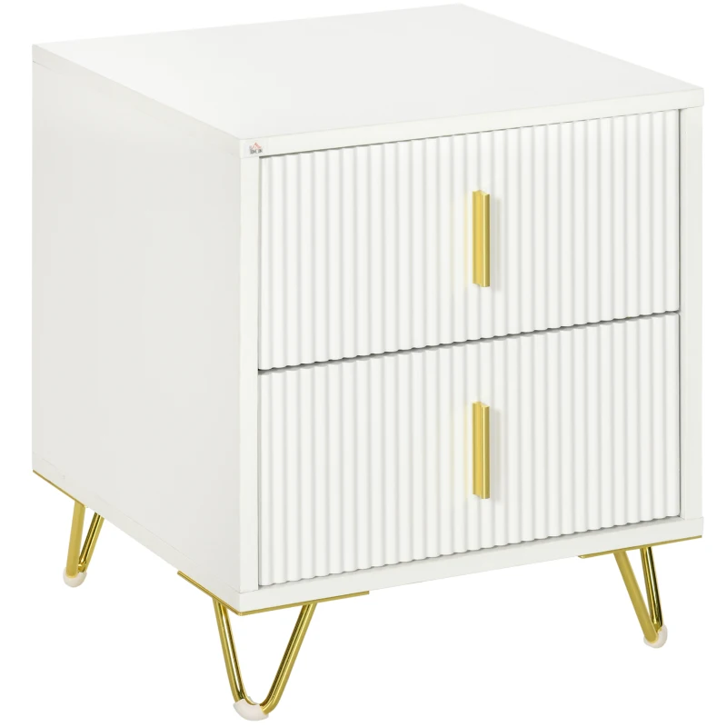 HOMCOM Mesa de Cabeceira com 2 Gavetas Mesa Auxiliar com Pés de Metal para Sala de Estar Dormitório 40x40x47 cm Branco e Dourado