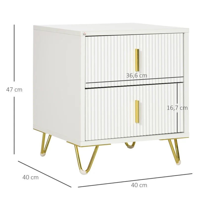 HOMCOM Mesa de Cabeceira com 2 Gavetas Mesa Auxiliar com Pés de Metal para Sala de Estar Dormitório 40x40x47 cm Branco e Dourado