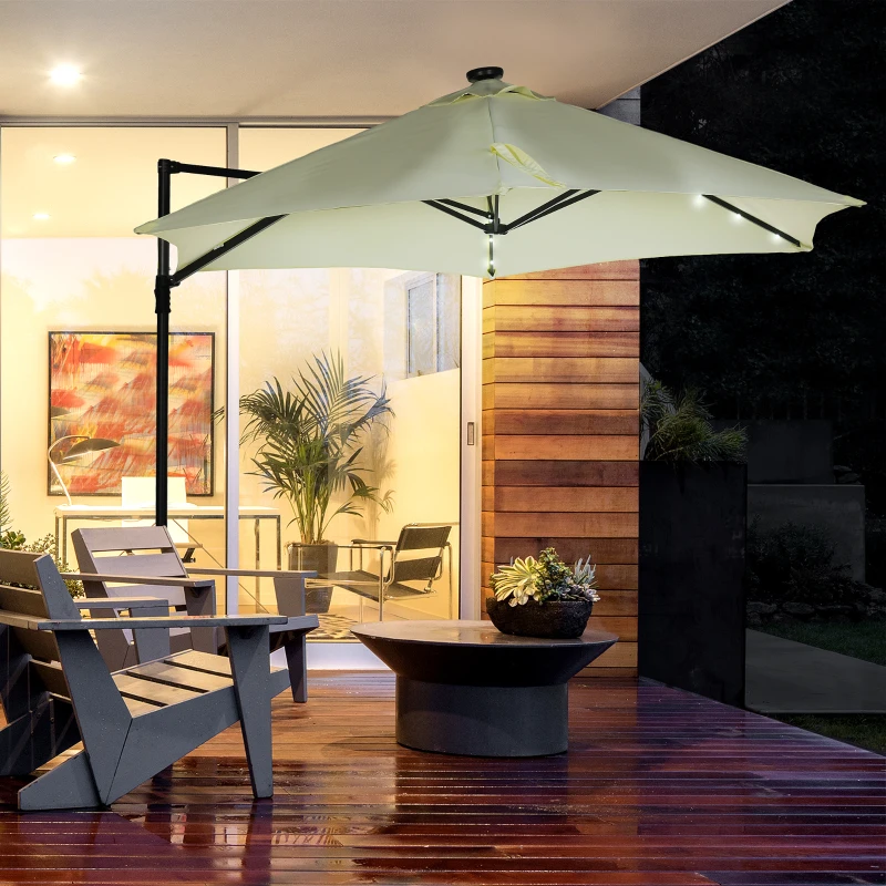 Outsunny Chapéu de Sol Excêntrico Ø256x248 cm com Luzes LED Solar Mastro Giratório 360° Chapéu de Sol de Exterior com Manivela Manual Bege
