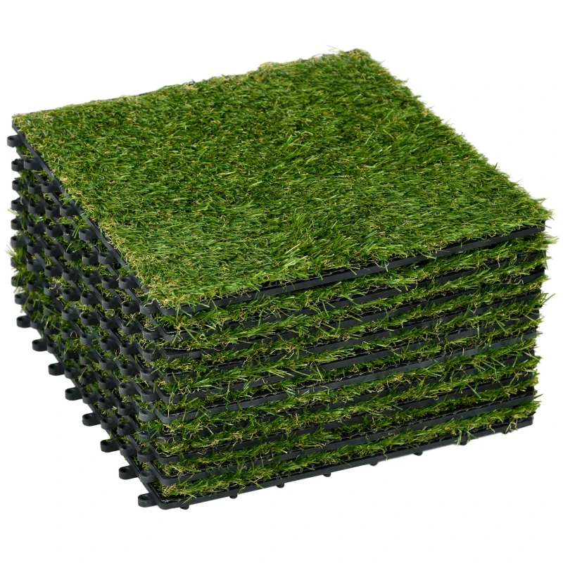 Outsunny Kunstgras, natuurgetrouw, met drainagefunctie, 6,5K vezels/m², 25mm hoogte, set van 10 stuks van 30x30cm, groen(m-10)