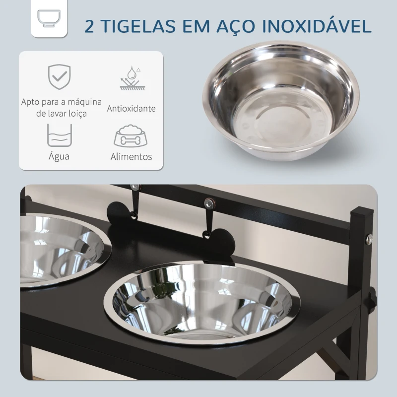 PawHut Comedouro Elevado para Cães com 2 Tigelas Altura Ajustável e 1 Peça de Metal com Formato de Osso 40,5x22x39 cm Preto