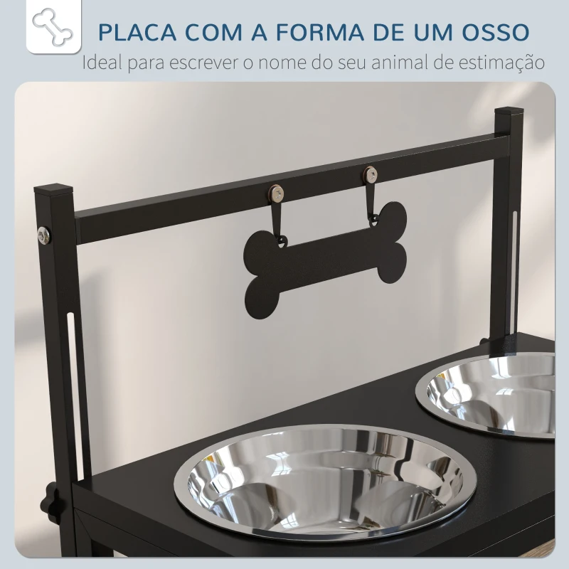 PawHut Comedouro Elevado para Cães com 2 Tigelas Altura Ajustável e 1 Peça de Metal com Formato de Osso 40,5x22x39 cm Preto