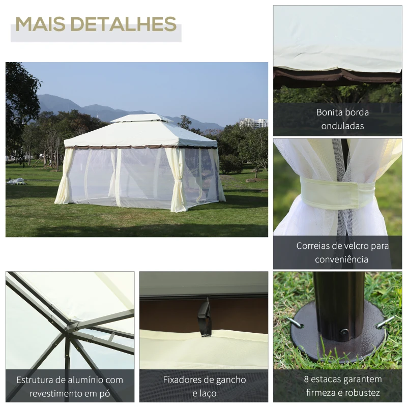 Outsunny Pérgola de Jardim 390x290 cm com Teto de Ventilação 4 Cortinas Laterais Tela Mosquiteira e 8 Orifícios de Drenagem Branco
