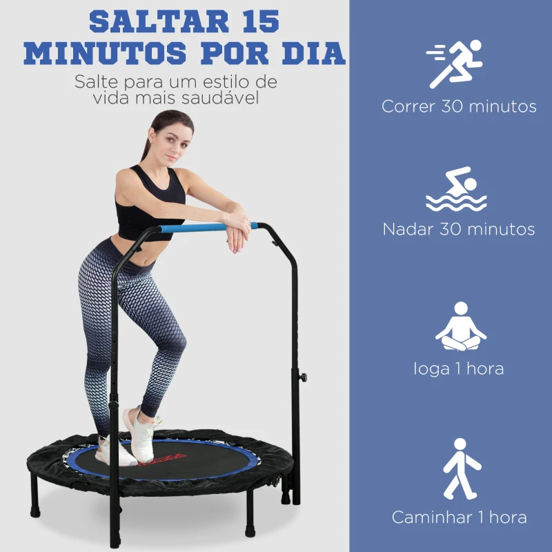 HOMCOM Trampolim Fitness Ø102 Trampolim Dobrável com Pega Ajustável em 4 Níveis Estrutura de Aço Azul