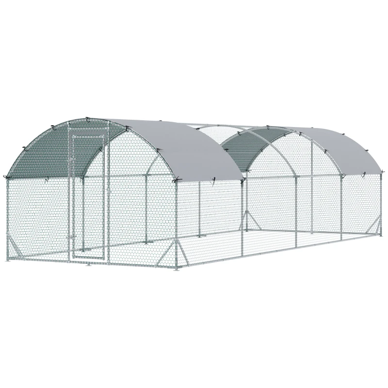 PawHut Galinheiro para Exterior para 16-24 Galinhas de Aço Galvanizado com Teto de Tecido Oxford 2,8x7,60x1,97 m Prata