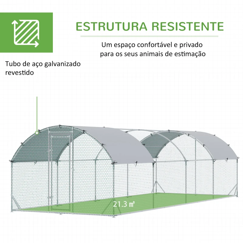 PawHut Galinheiro para Exterior para 16-24 Galinhas de Aço Galvanizado com Teto de Tecido Oxford 2,8x7,60x1,97 m Prata