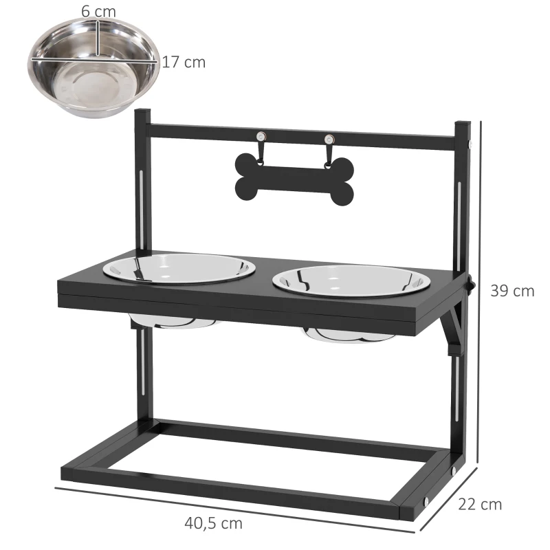 PawHut Comedouro Elevado para Cães com 2 Tigelas Altura Ajustável e 1 Peça de Metal com Formato de Osso 40,5x22x39 cm Preto