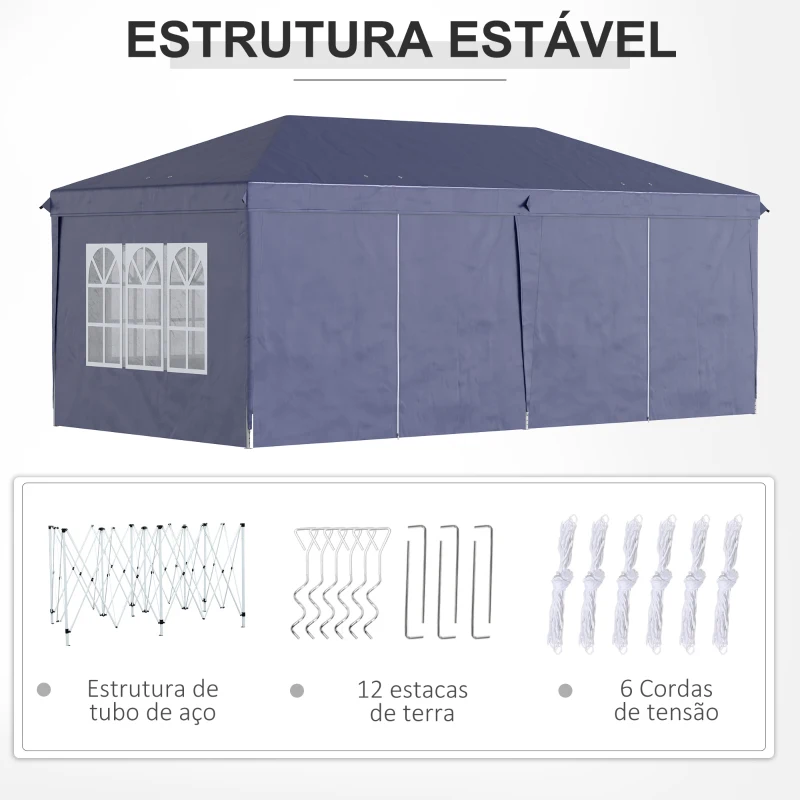 Outsunny Tenda para Festas 585x295x270 cm com Paredes Laterais Amovíveis 2 Portas com Zíper 4 Janelas e Bolsa de Transporte Azul