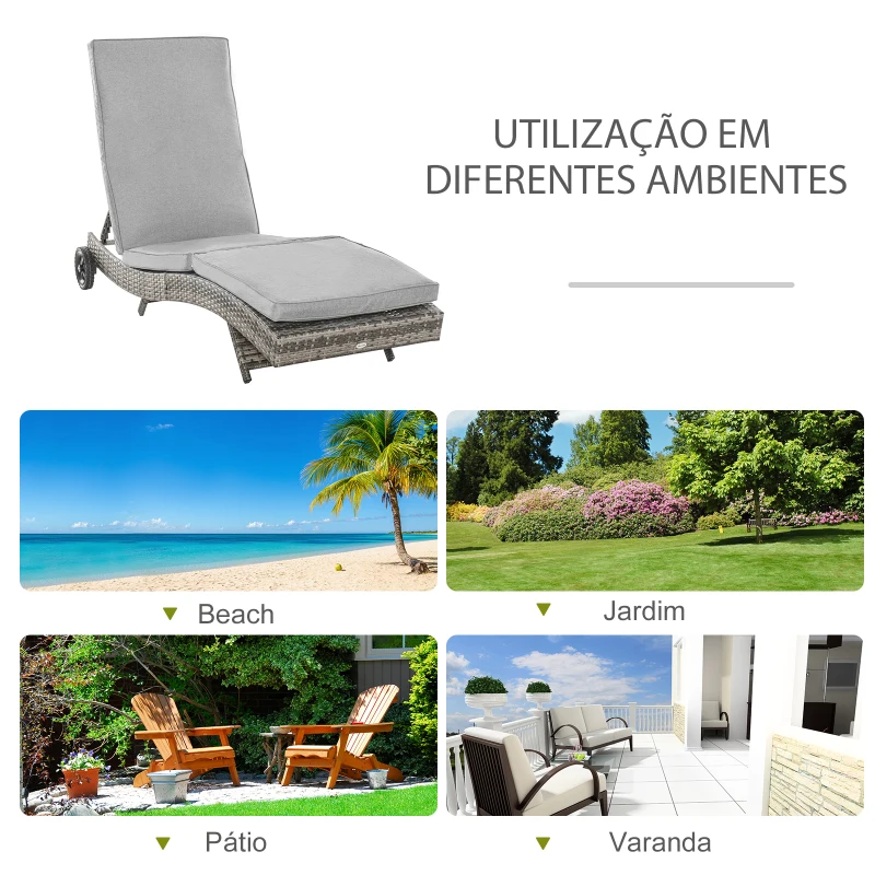 Outsunny Espreguiçadeira de Vime Reclinável Espreguiçadeira de Jardim com 2 Rodas Encosto Ajustável em 5 Posições 207x70x70 cm Cinza