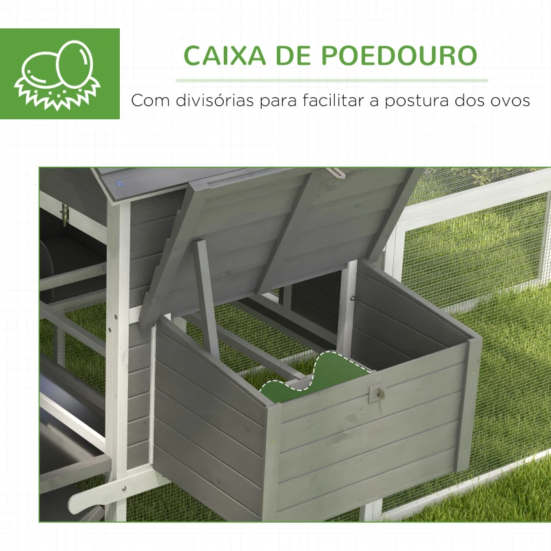 PawHut Galinheiro Grande de Madeira 310,5x149,5x149 cm Gaiola para Galinhas com 2 Janelas Portas Ninho Bandeja Amovível e Rampa Cinza