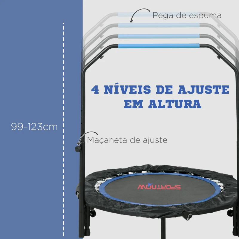 HOMCOM Trampolim Fitness Ø102 Trampolim Dobrável com Pega Ajustável em 4 Níveis Estrutura de Aço Azul