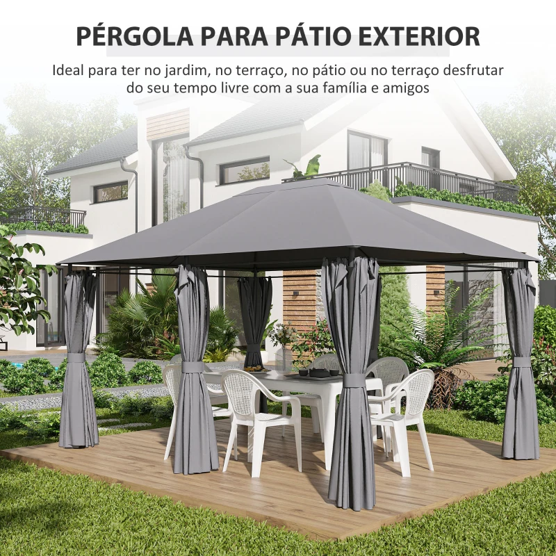 Outsunny Pégola de Jardim Pérgola de Exterior com Paredes Laterais Amovíveis e Estrutura de Aço 398x300x272 cm Cinza