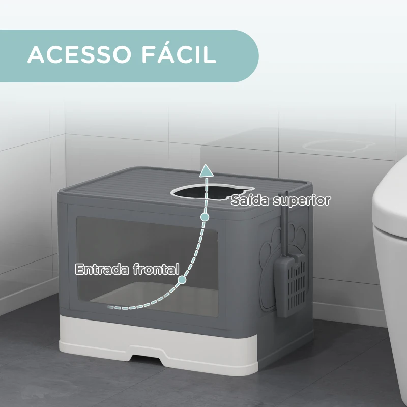 PawHut Caixa de Areia para Gatos Amovível com Pá Escova 2 Portas Entrada Principal e Saída Superior 48,5x38x36,5 cm Cinza