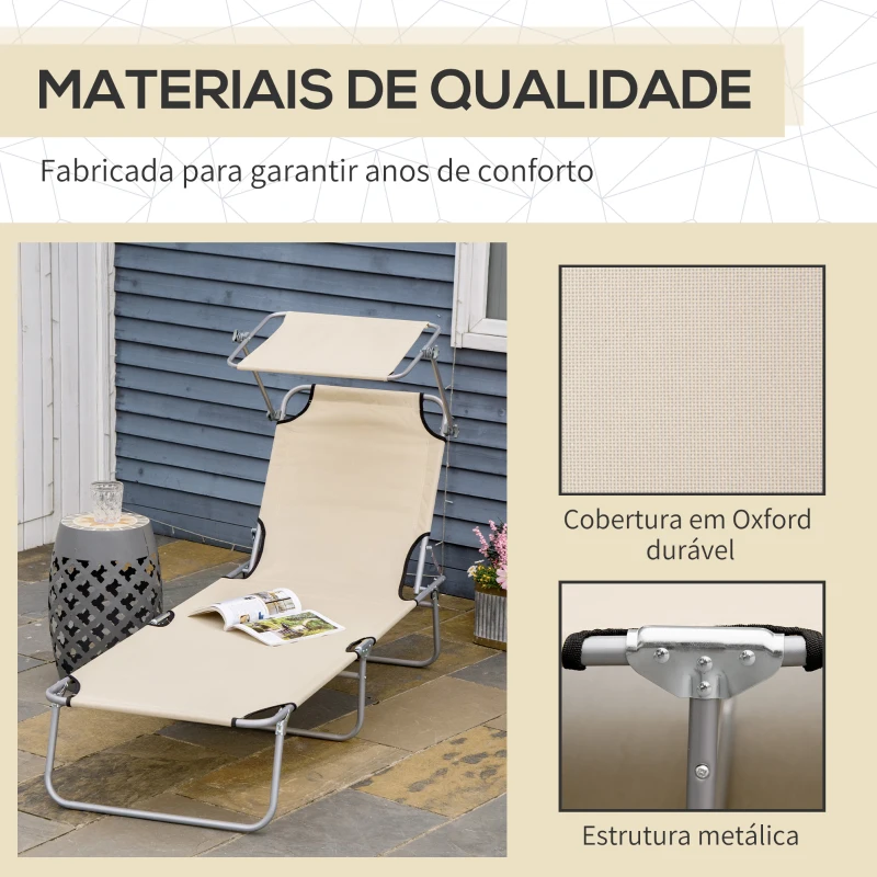 Outsunny Espreguiçadeira de Jardim Dobrável com Toldo Removível e Ajustável  e Encosto Ajustável 187x58x36 cm Bege